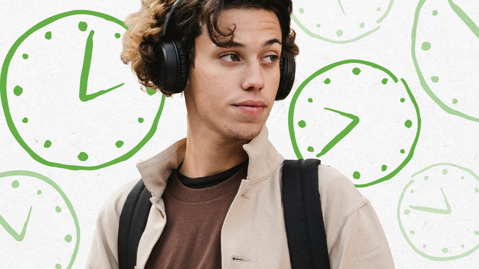 High school student with curly hair wearing large headphones and a light jacket, carrying a backpack, looks to the side. Illustrated green clocks are drawn in the background, reflecting a college ready attitude.