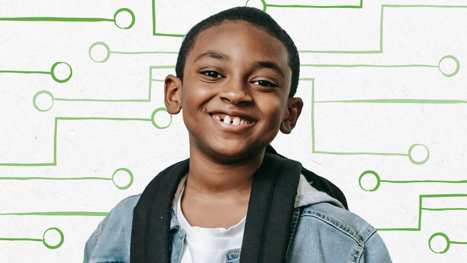 A smiling boy with short hair, wearing a denim jacket and a backpack, stands in front of a white background with green circuit-like lines and circles.