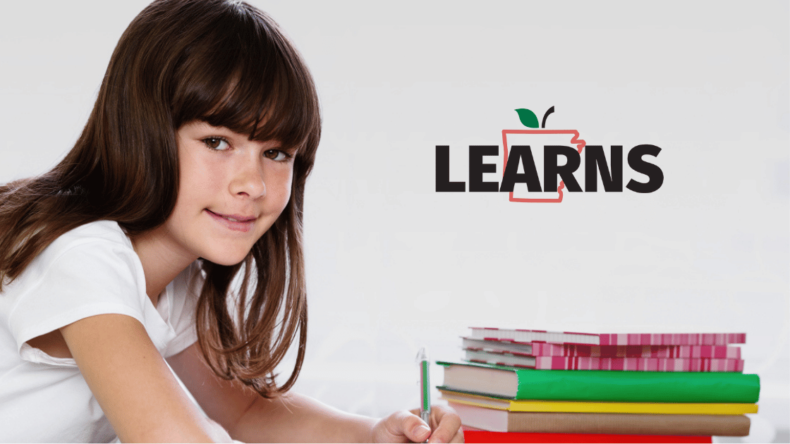A smiling girl with brown hair sits next to a stack of colorful books. The word LEARNS with an apple icon is displayed in bold letters, highlighting CHOOSE Act Alabama on a white background beside her.