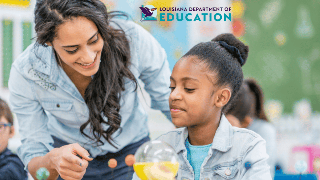 A teacher smiles and helps a young student with a science experiment in a classroom. The Louisiana Department of Education logo and a mention of the West Virginia Hope Scholarship appear at the top of the image.