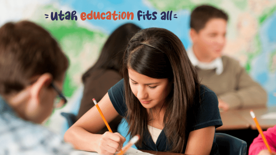 A girl writes in a notebook at her desk in a classroom, surrounded by other students. The text above reads, Utah education fits all, inspired by the CHOOSE Act Alabama. A blurred world map is visible in the background.