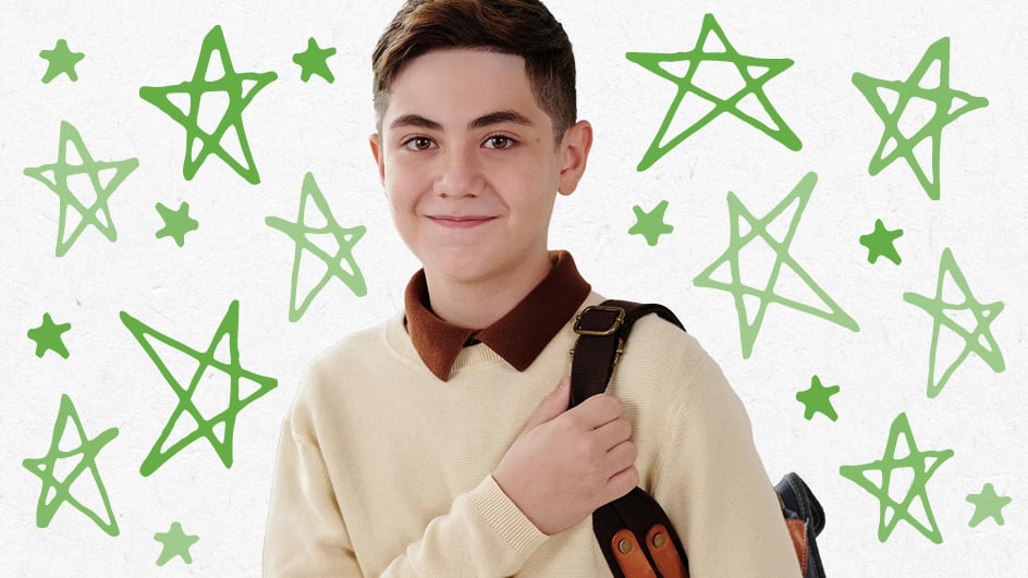 A smiling student with short brown hair holds a backpack strap over his shoulder, wearing a cream sweater and brown collared shirt, with green hand-drawn stars in the background.