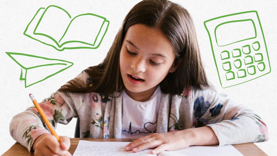 A middle schooler in tutoring with long brown hair writes in a notebook at a desk. Green doodles of a book, a calculator, and a paper airplane are illustrated behind her on a white background.