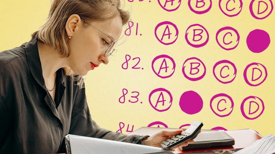 A woman with glasses works at a desk using a calculator, while a report card and an answer sheet featuring multiple-choice questions and answers circled in pink are displayed in the background.