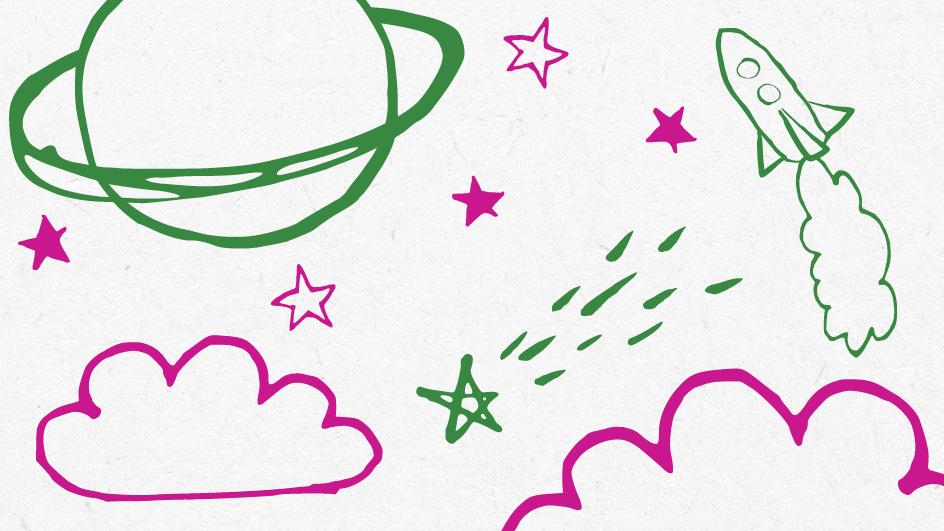 Hand-drawn doodles of a green planet with rings, a green rocket, pink clouds and stars, and green shooting stars capture the whimsical feeling of a mid-semester slump on a white background.