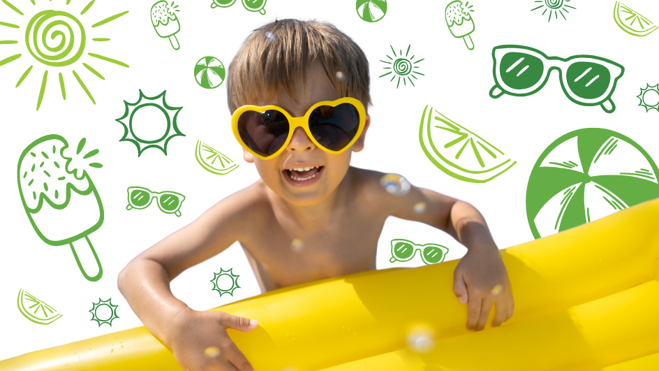 Smiling child wearing yellow heart-shaped sunglasses leans on a yellow inflatable pool float, with playful green drawings of suns, ice cream, sunglasses, lemons, and beach balls in the background.