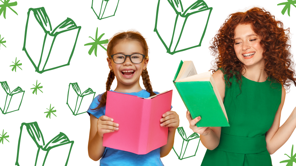 A smiling young girl in glasses and a blue shirt holds a pink book next to a cheerful woman in a green dress with a green book. The background features green, hand-drawn book illustrations on white.