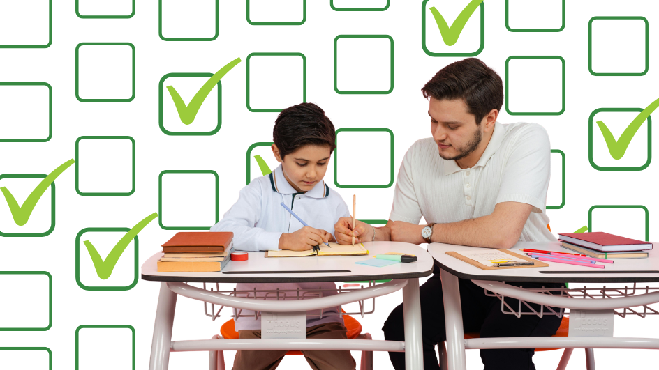 A man helps a young boy with schoolwork at a desk, surrounded by books and stationery. The background features large green check marks inside boxes, symbolizing completion or success.