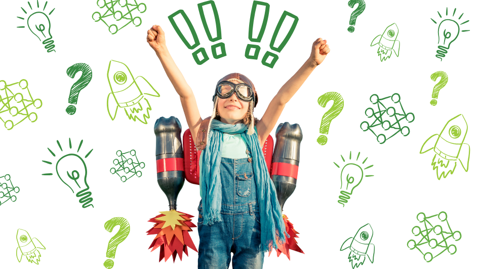 A child wearing a jetpack and aviator goggles raises their arms in excitement, surrounded by green doodles of rockets, light bulbs, question marks, and exclamation points on a white background.